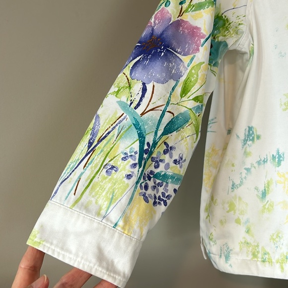 VTG Watercolor Floral Print White Cotton Twill/Sailcloth Jacket w Pockets - Picture 5 of 11